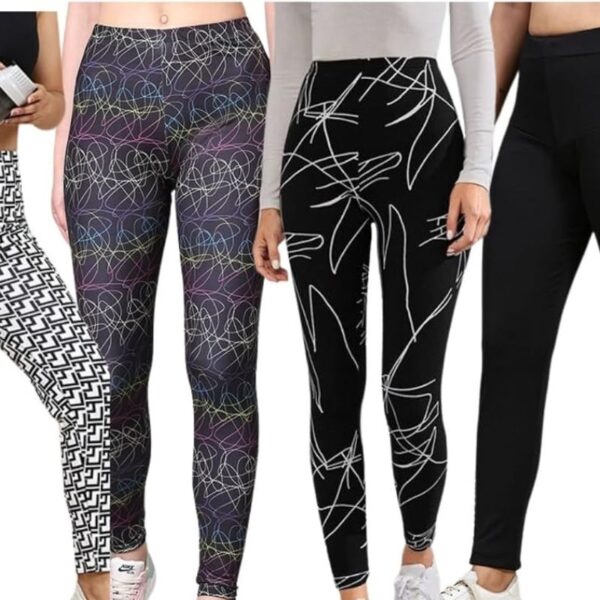 Different printed leggings are shown being worn by ladies