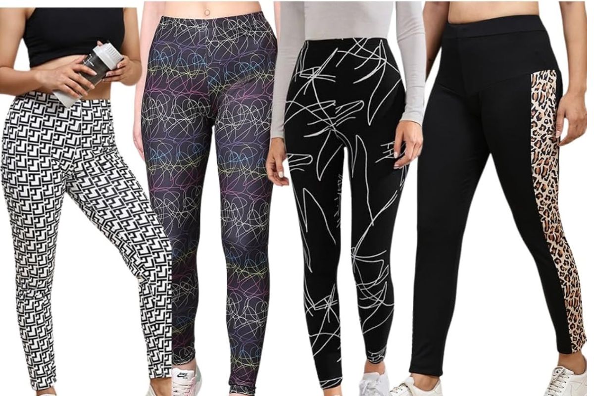 Different printed leggings are shown being worn by ladies
