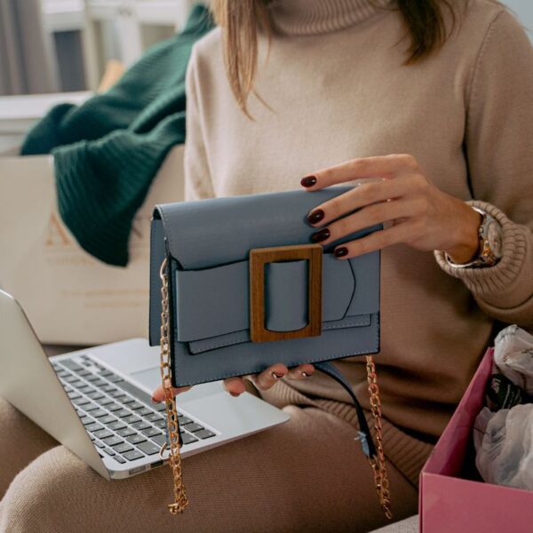 A lady with her custom branded bag