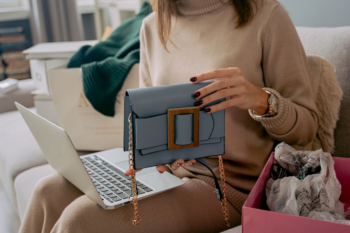 A lady with her custom branded bag