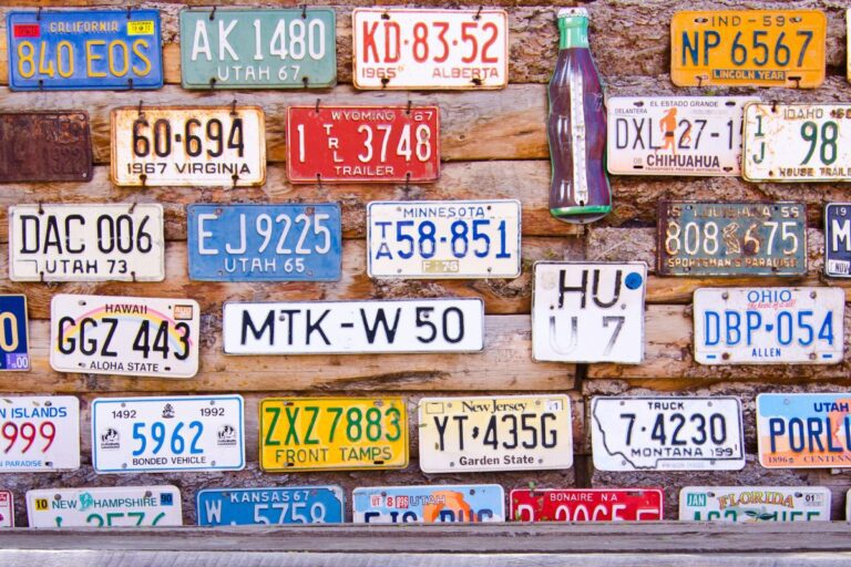 A collection of custom license plates kept together