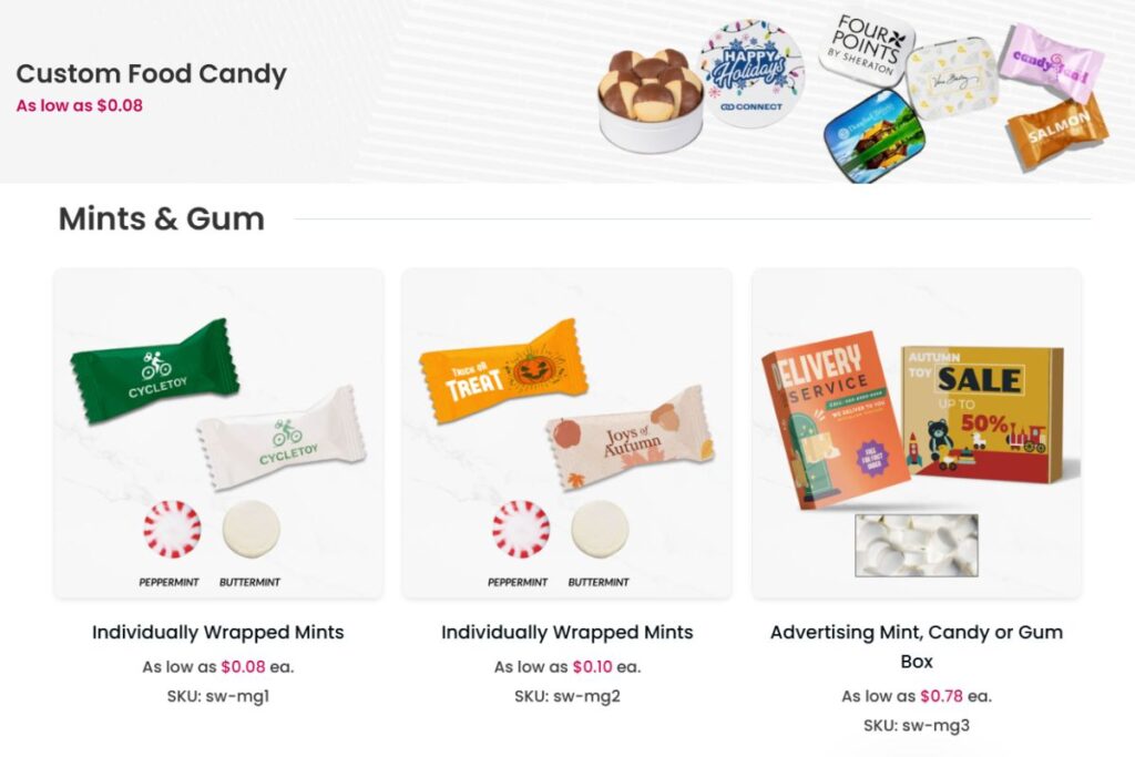 A collection of custom mint and gum candies to buy online
