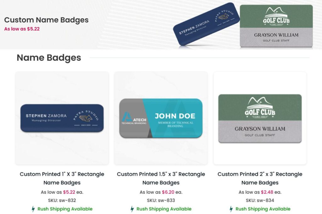 A collection of custom name badges to buy online shown in the image