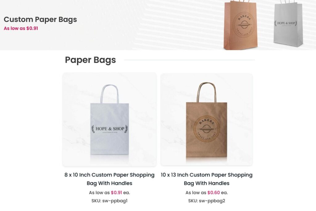 A collection of custom paper bags shown in the image is available for purchase online
