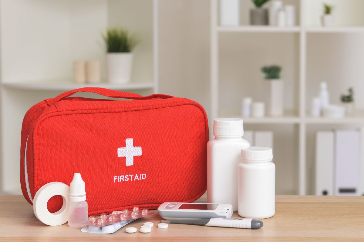 A first aid kit with its items kept together