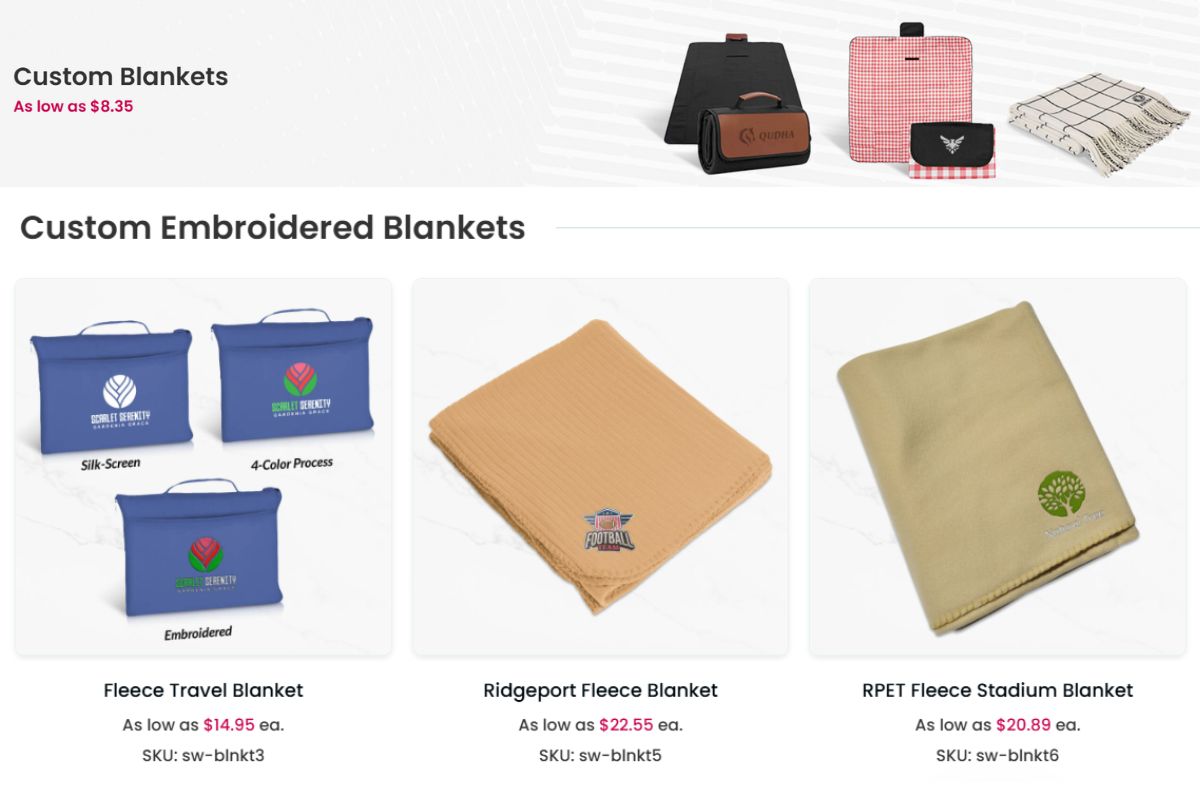 Custom blankets shown in the image to buy online