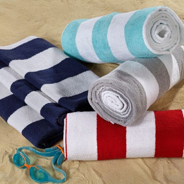 A collection of custom beach towels kept with each other