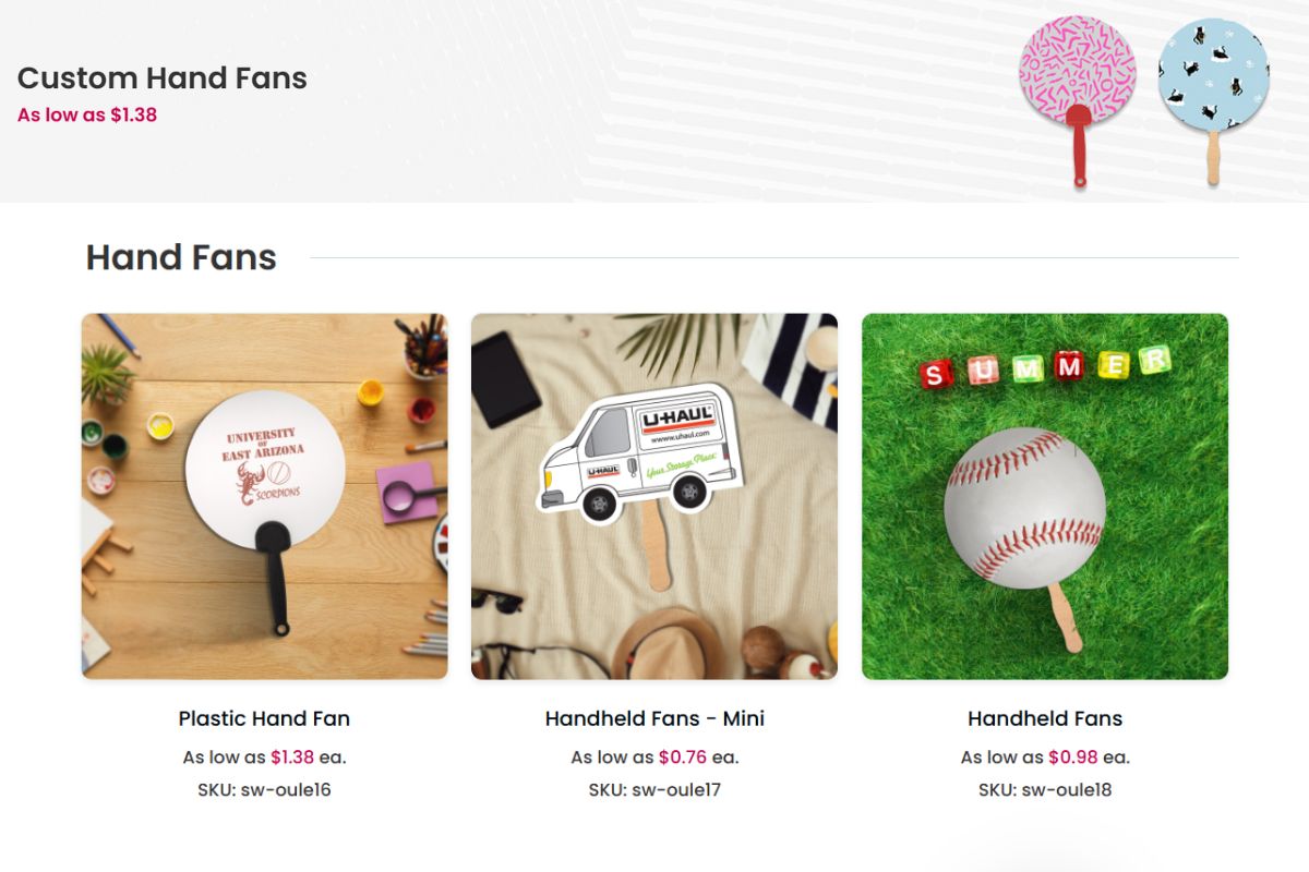 A collection of custom hand fans shown in the image to buy online