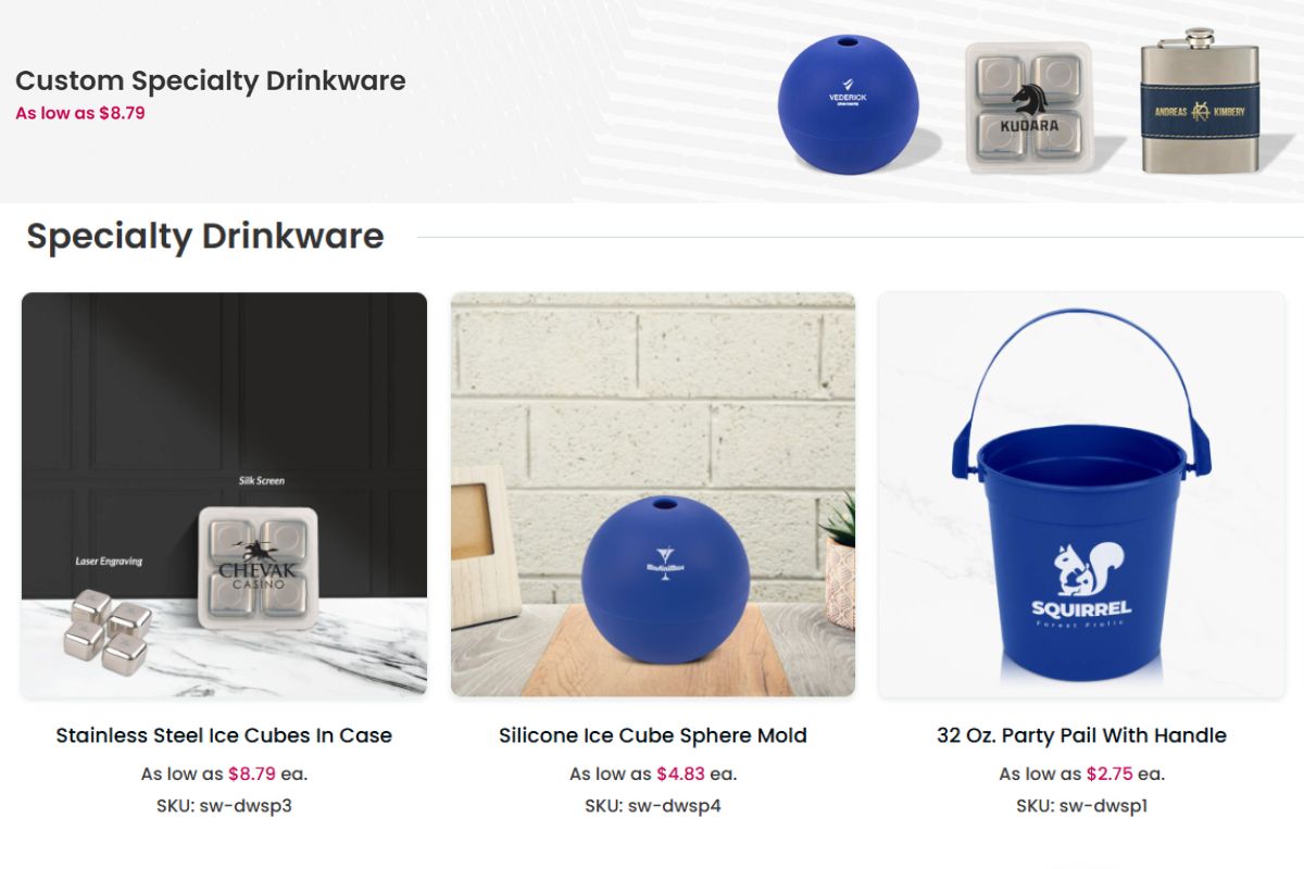 A collection of custom speciality drinkware shown in the image to buy online