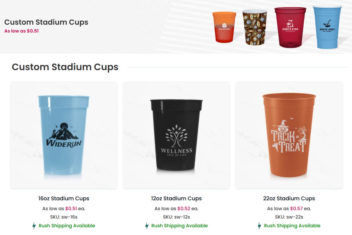 A collection of custom stadium cups to buy online