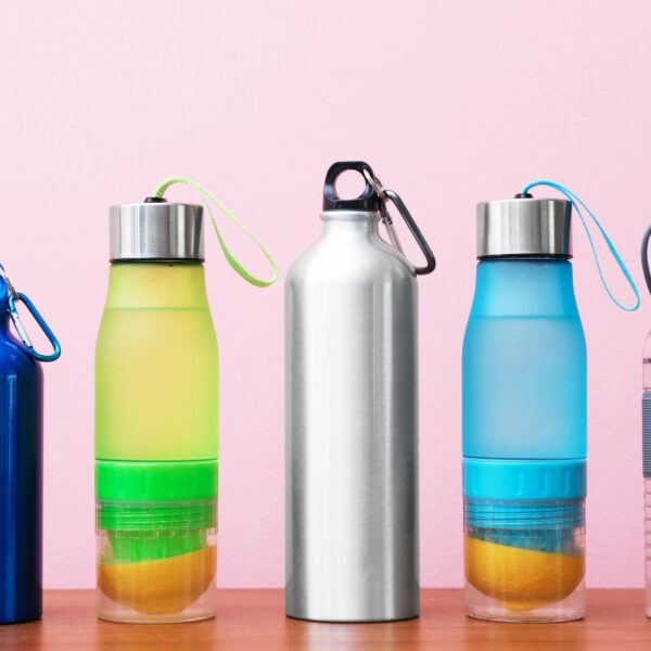 A collection of custom water bottles arranged side by side