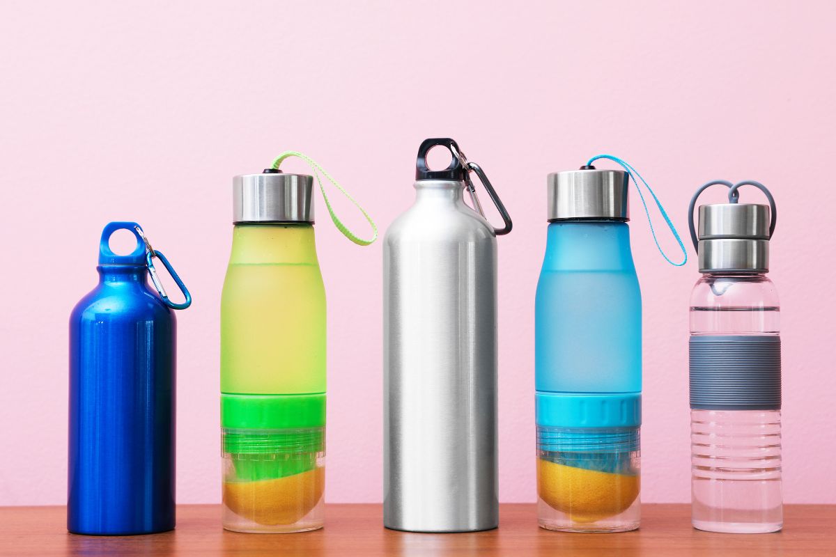 A collection of custom water bottles arranged side by side