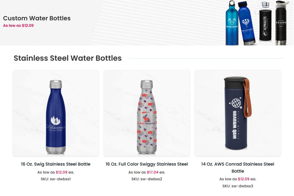 A collection of different custom water bottles for sale