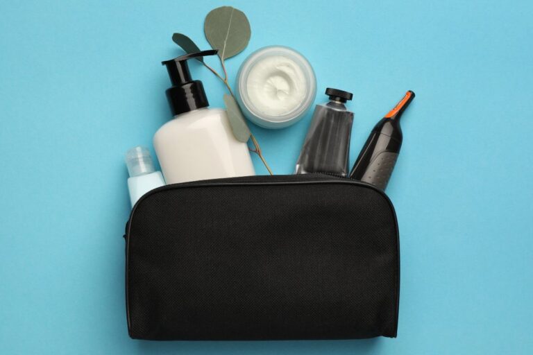 A custom toiletry bag with som products inside it