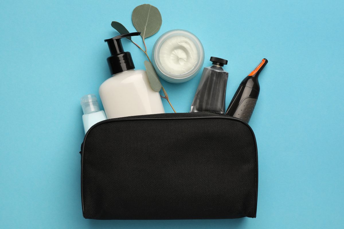 A custom toiletry bag with som products inside it
