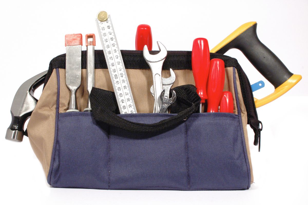 A custom tool kit bag with tools stored inside