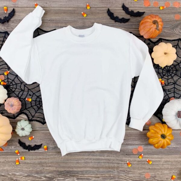 A white crewneck sweatshirt that can be customized is shown in the image