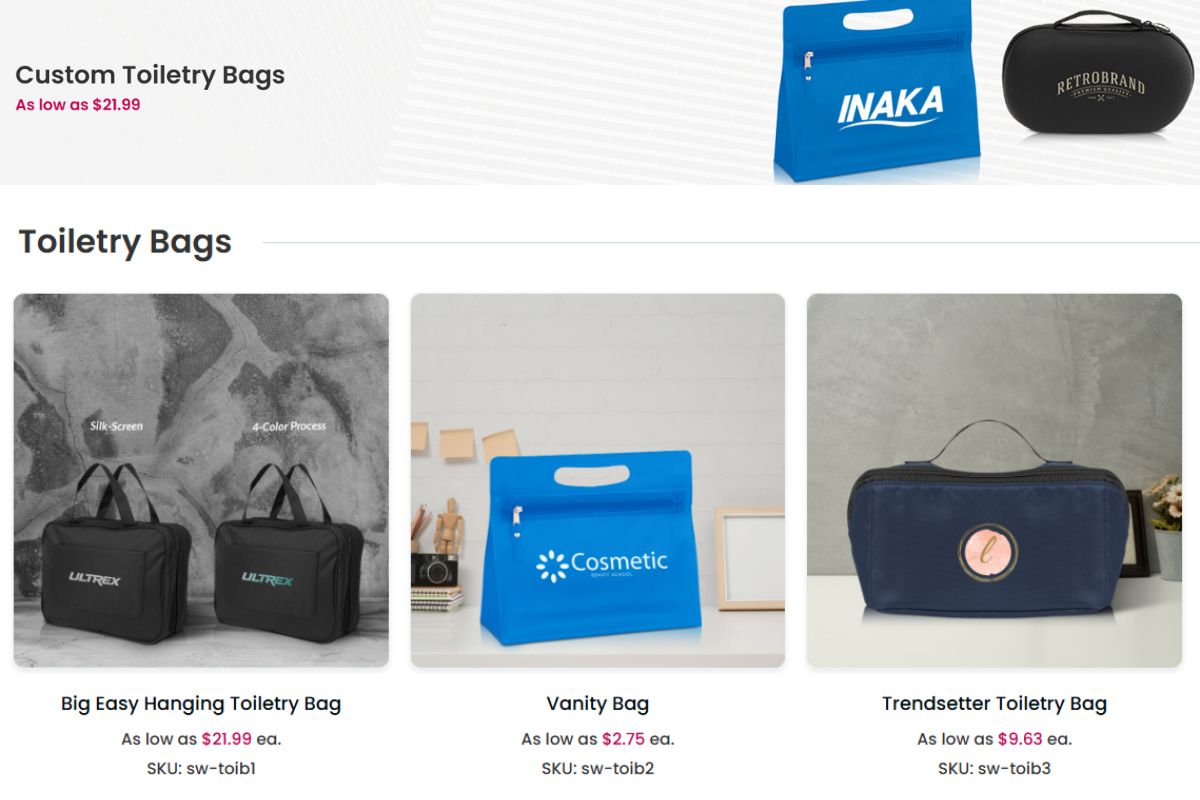 Different types of custom toiletry bags shown in the image