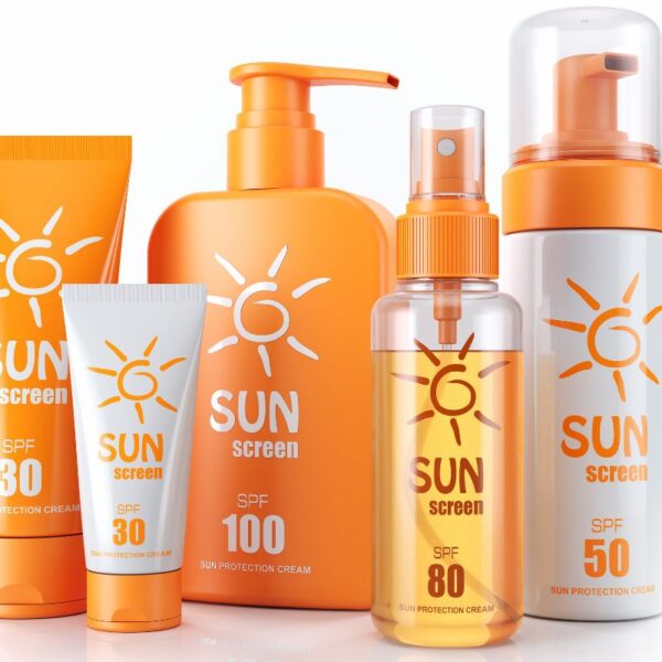 Different types of sunscreen bottles grouped together