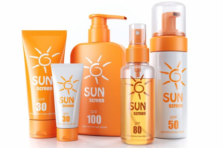 Different types of sunscreen bottles grouped together