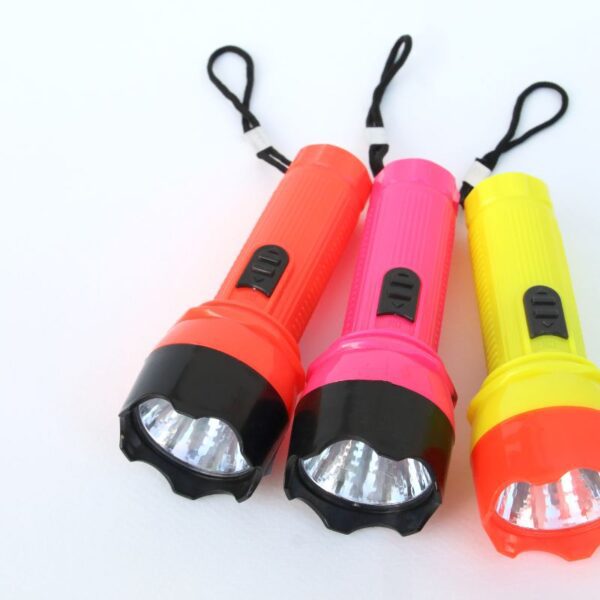 Three custom flashlights of different colors are shown in the image