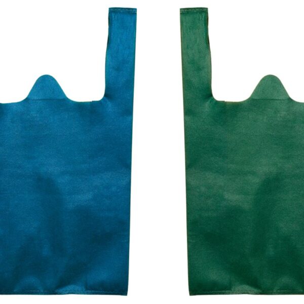 Two custom plastic bags of different colors placed next to each other