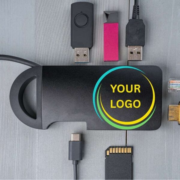 A black color custom USB hub shown in the image