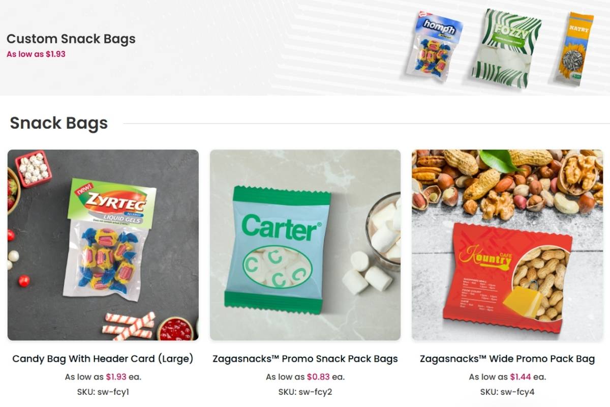 A collection of custom snack bags available for sale