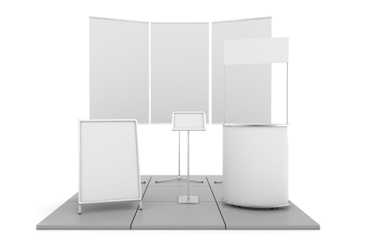 A collection of custom trade show booths is shown in the image