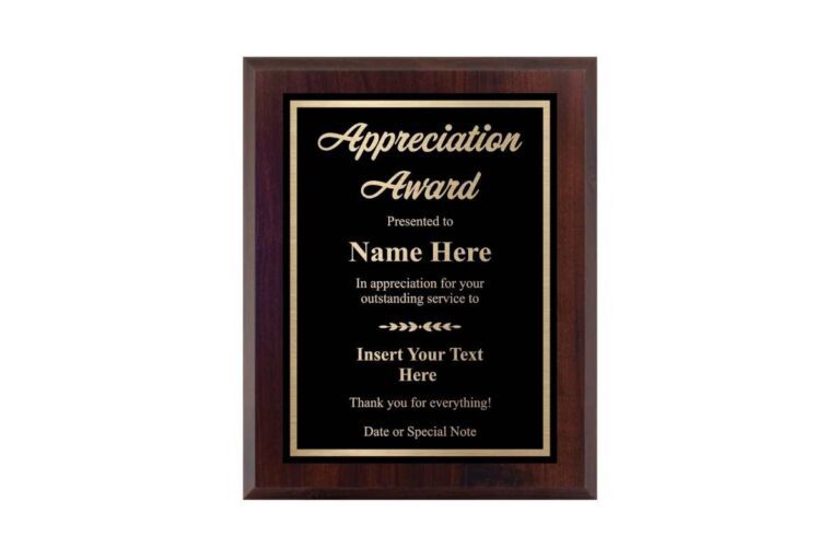 A custom plaque, ready for personalization, is shown in the image