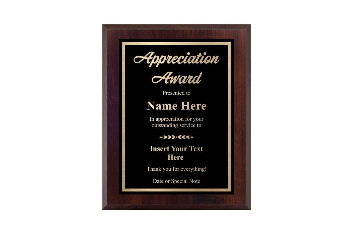 A custom plaque, ready for personalization, is shown in the image