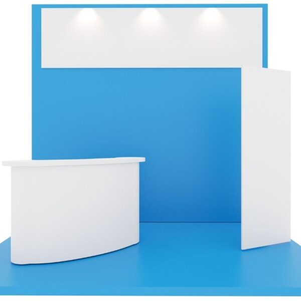 A custom trade show event booth is shown in the image