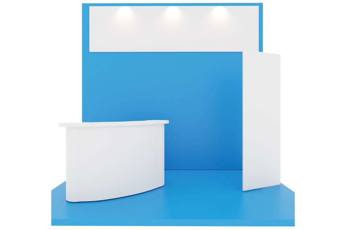 A custom trade show event booth is shown in the image