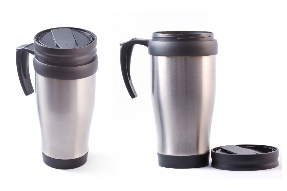 A custom travel mug is shown in the image
