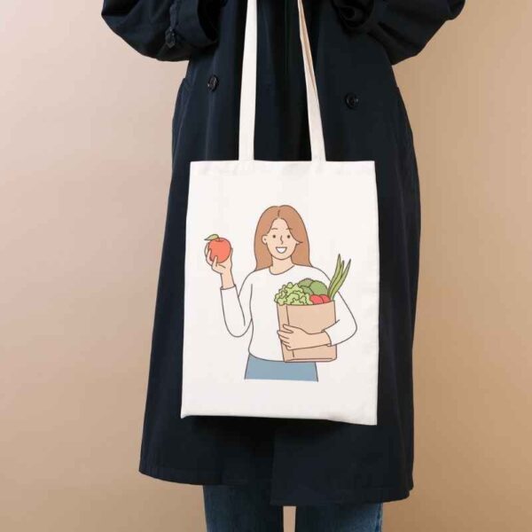 A lady holding custom eco chic custom totes