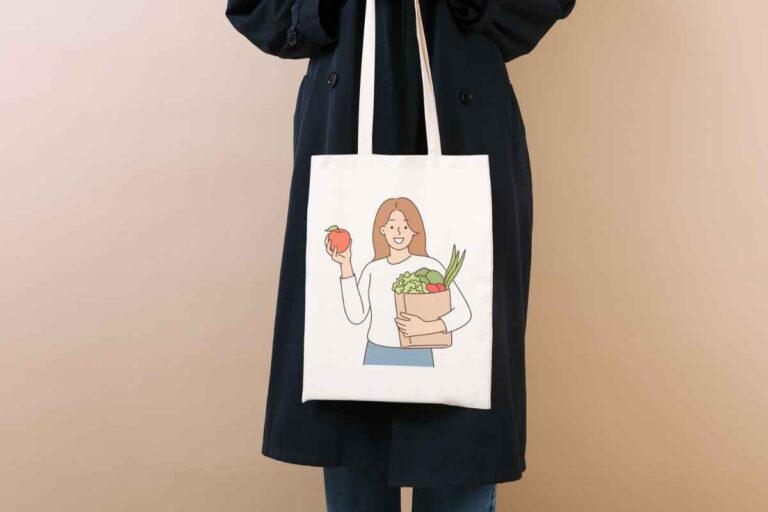 A lady holding custom eco chic custom totes