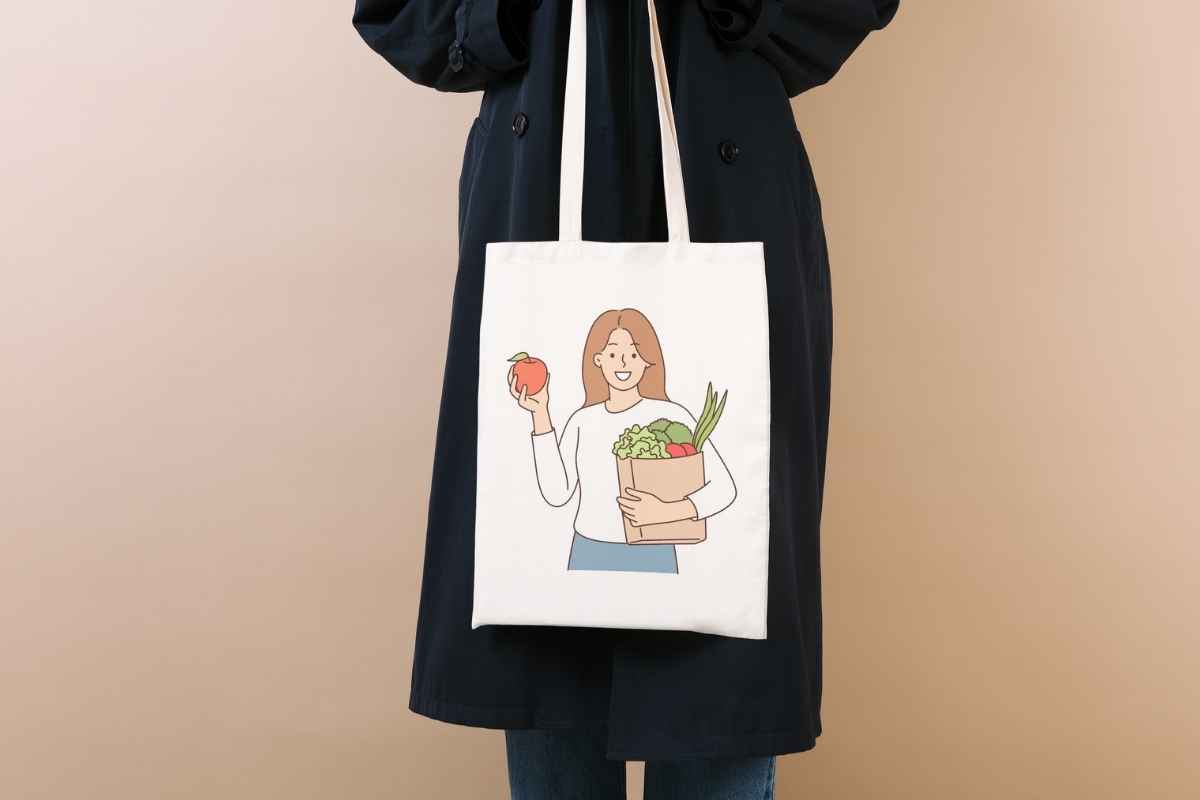 A lady holding custom eco chic custom totes