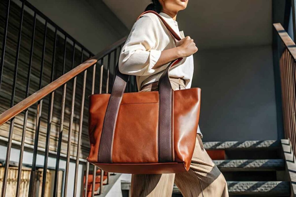 A woman is carrying a custom leather tote bag for outdoor purposes