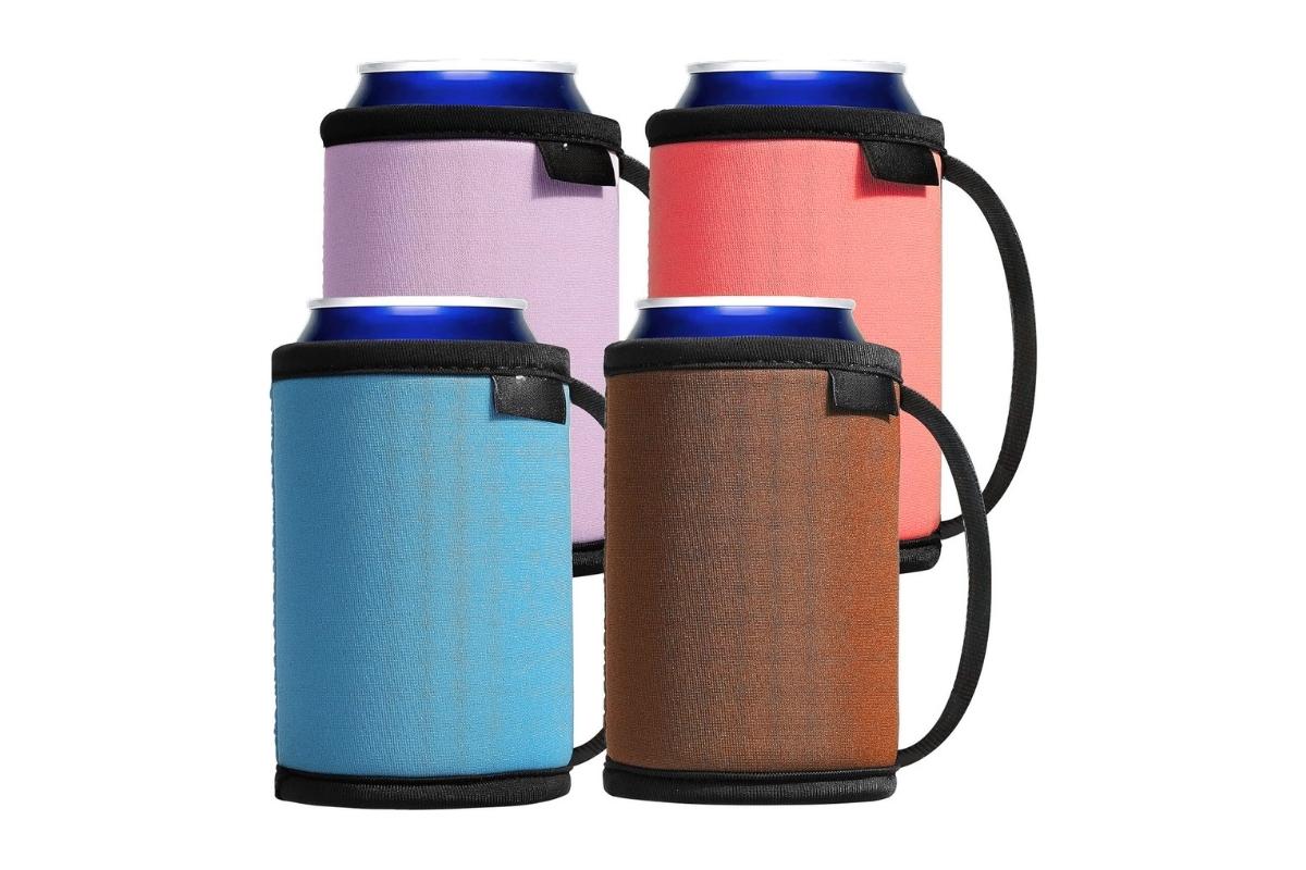 Custom can coolers made from fabric serve multiple purposes