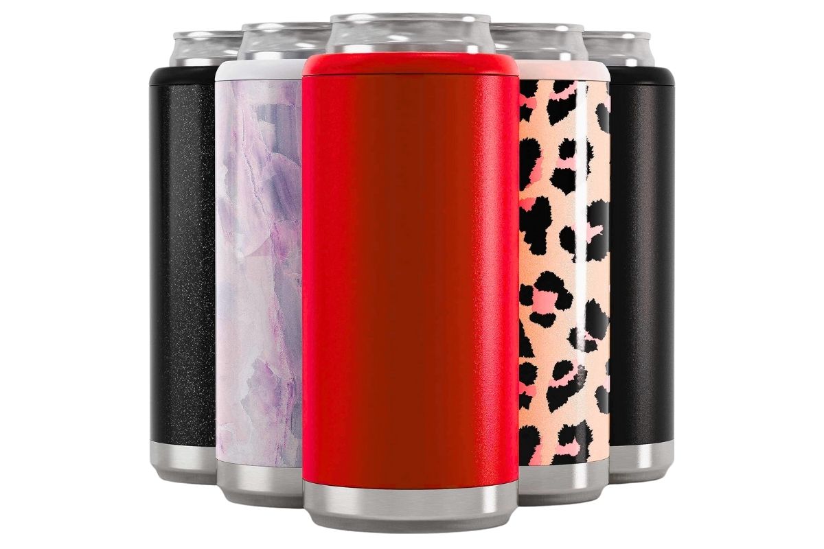 Different custom printed can coolers are kept together