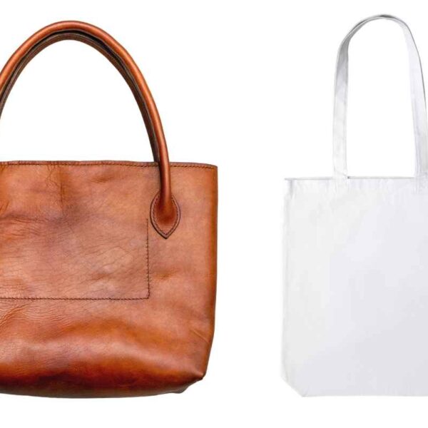 Leather tote bag on the left and canvas tote bag on the right side of the image