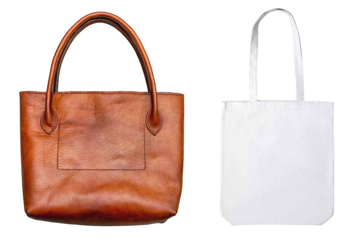 Leather tote bag on the left and canvas tote bag on the right side of the image