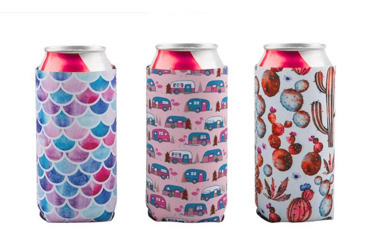 Three custom can coolers with canned drinks inside are kept together