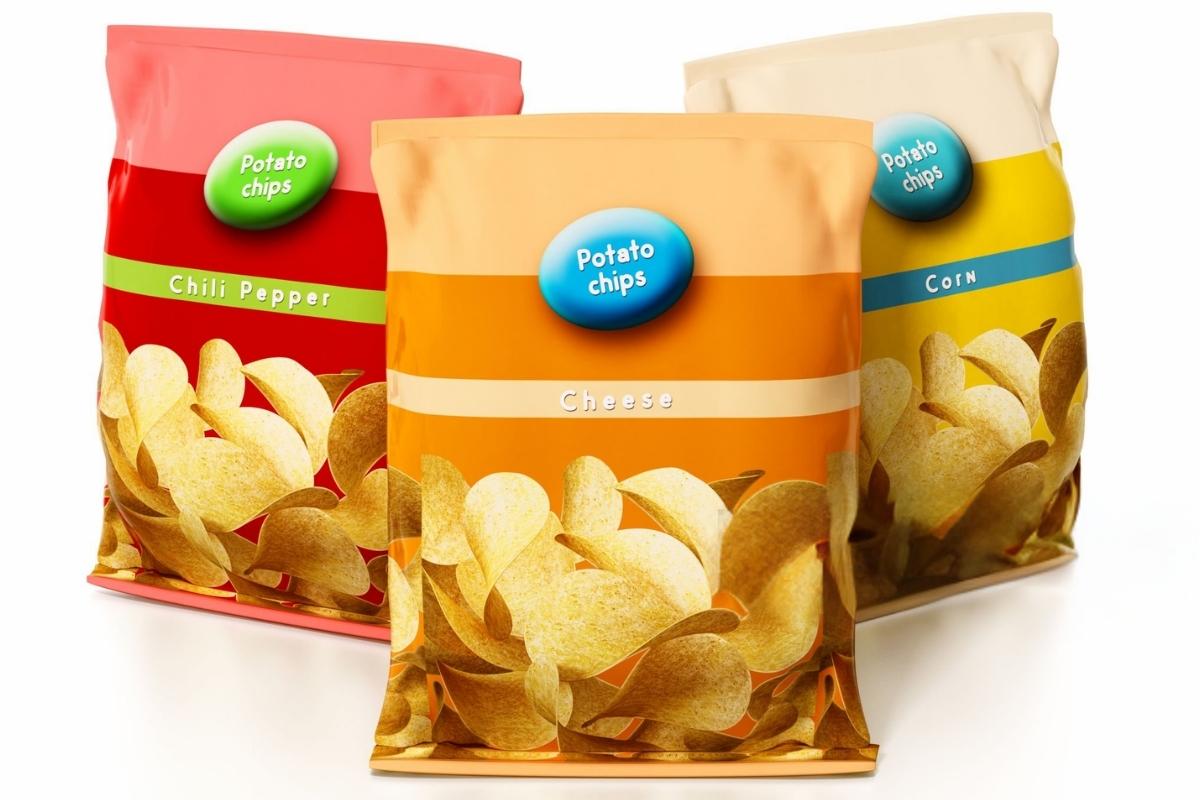 Three custom potato chip bags in different flavors placed together