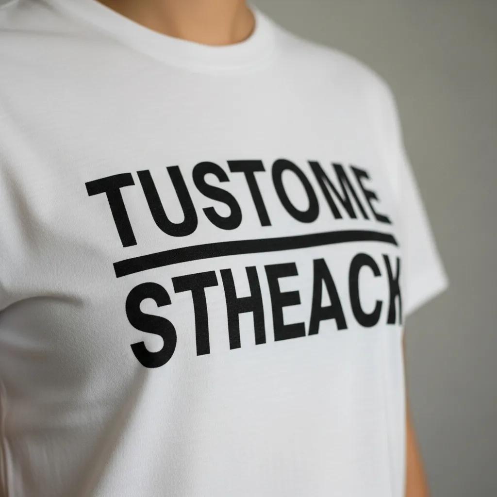Close-up of a custom t‑shirt featuring bold, minimal typography and quality fabric texture