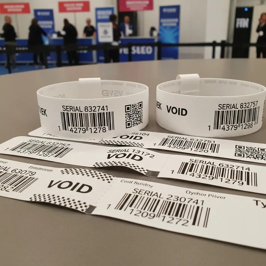 Close-up of Tyvek wristbands showing serial numbers and barcode security features