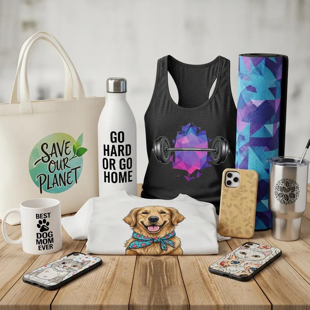 Assortment of popular print‑on‑demand items arranged on a wooden table