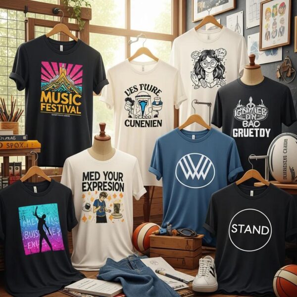 Colorful display of custom t-shirts representing various designs and occasions