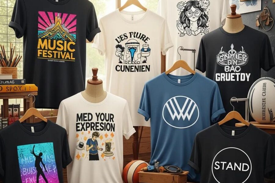 Colorful display of custom t-shirts representing various designs and occasions