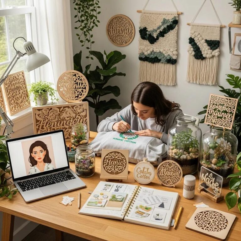 Colorful display of personalized and eco-friendly Etsy products in a creative workspace